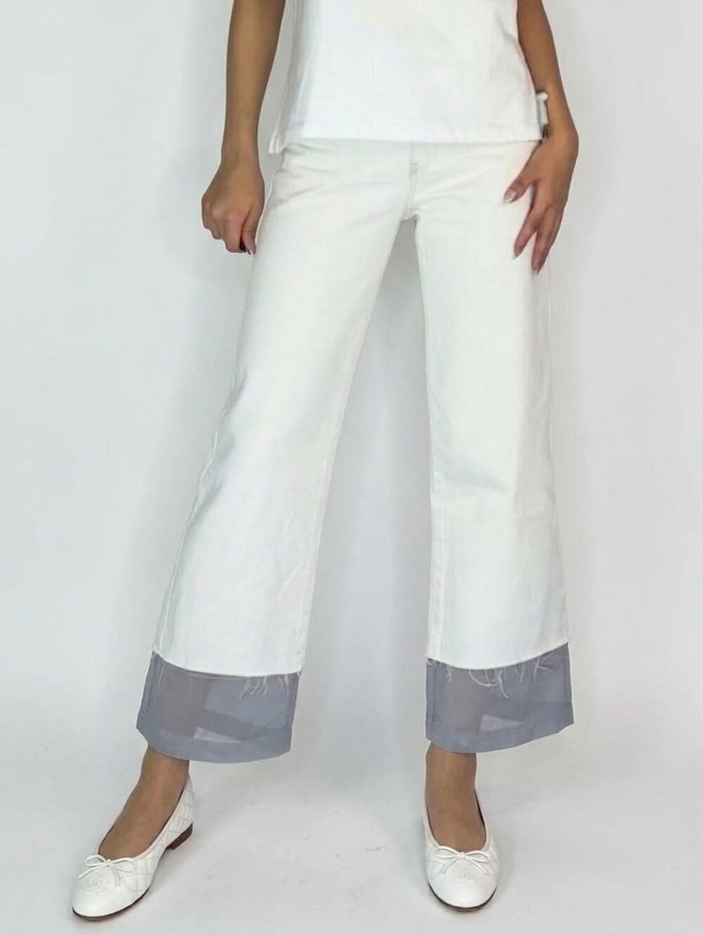 Zara Raw Hem Denim Jeans with Fabric Trim Ankle Cropped 4 Small Off White NWT